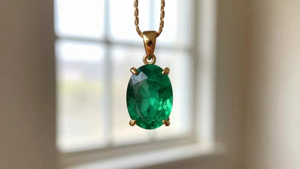 closeup emerald pendant on delicate gold chain, soft window light