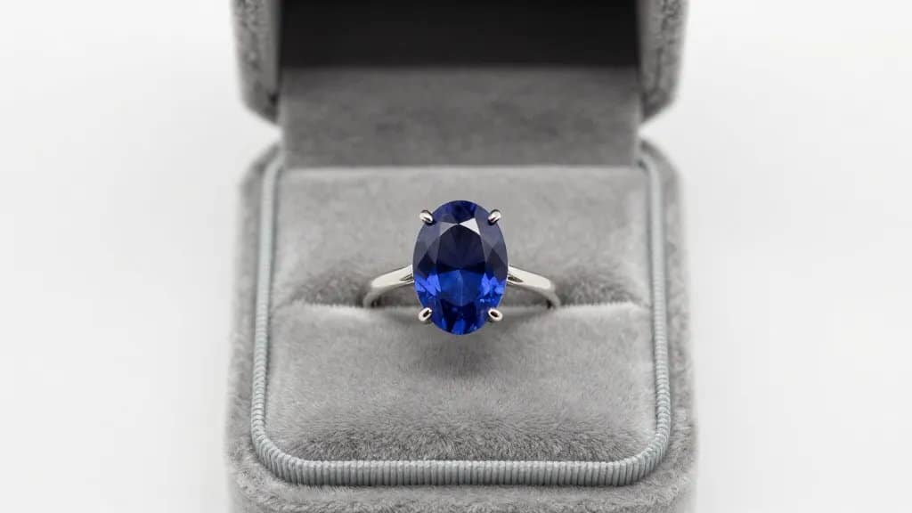single oval sapphire engagement ring on velvet ring box