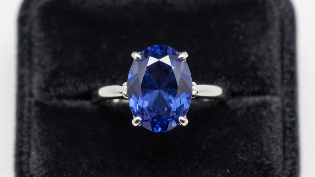 closeup oval blue sapphire solitaire ring on black velvet