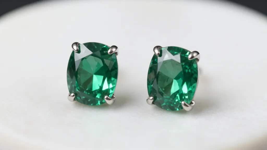 macro emerald-cut emerald stud earring on white marble