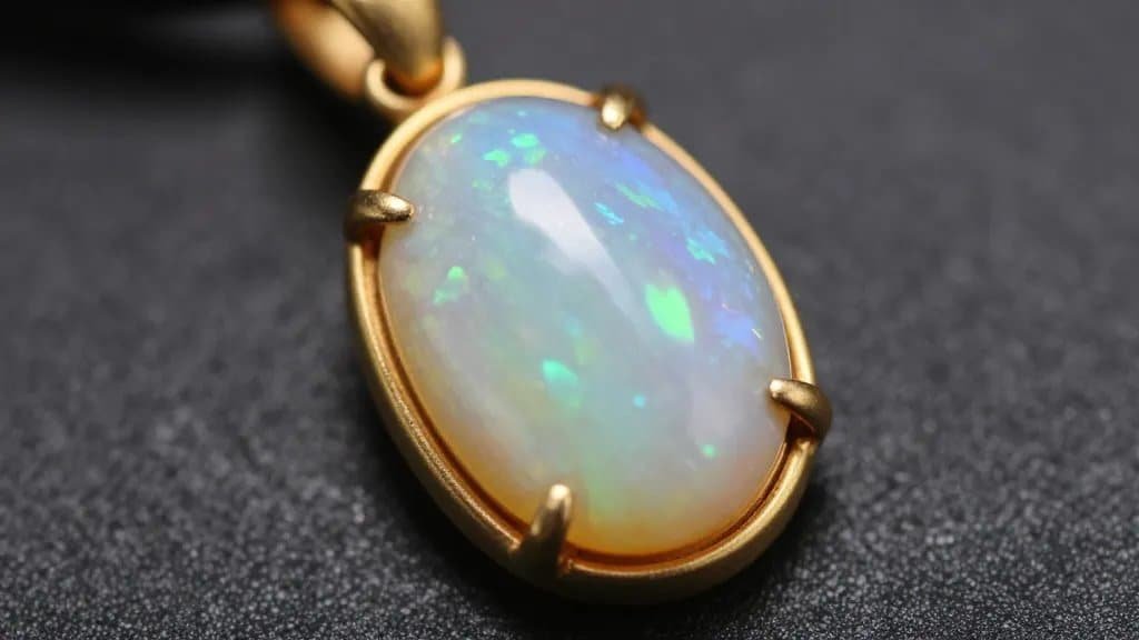 closeup of raw opal pendant in matte gold bezel