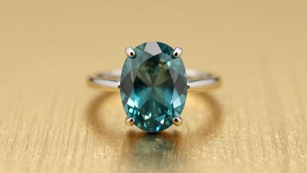 closeup teal zircon ring on brushed gold background