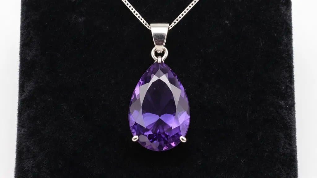 single pear-cut amethyst pendant on black velvet