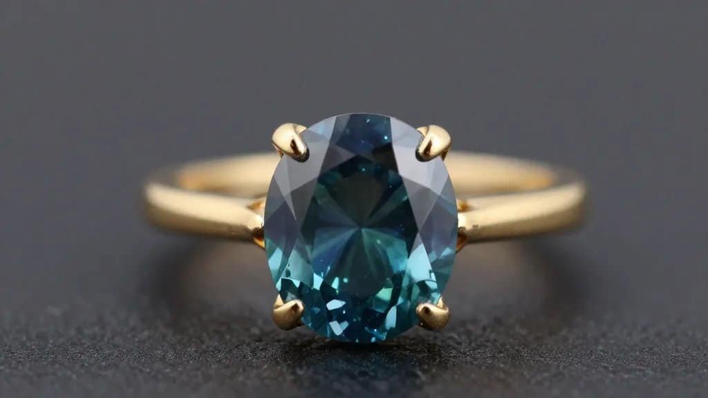 closeup teal sapphire solitaire ring in brushed gold setting