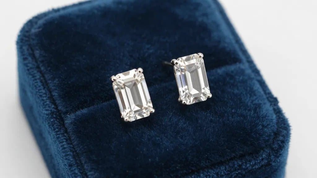 emerald-cut lab-grown diamond stud earring on velvet pad