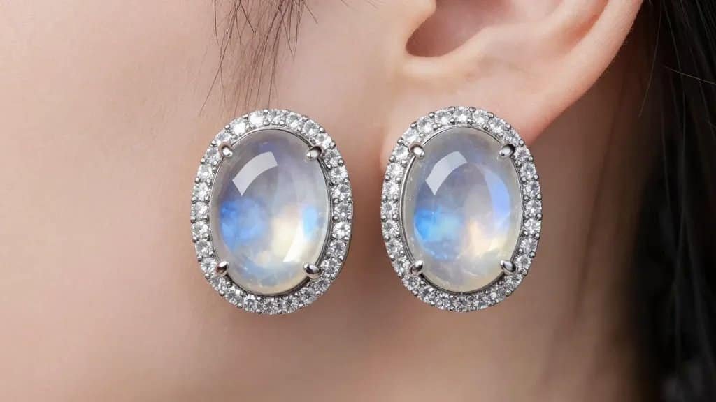 closeup oval moonstone stud earring with halo pavé