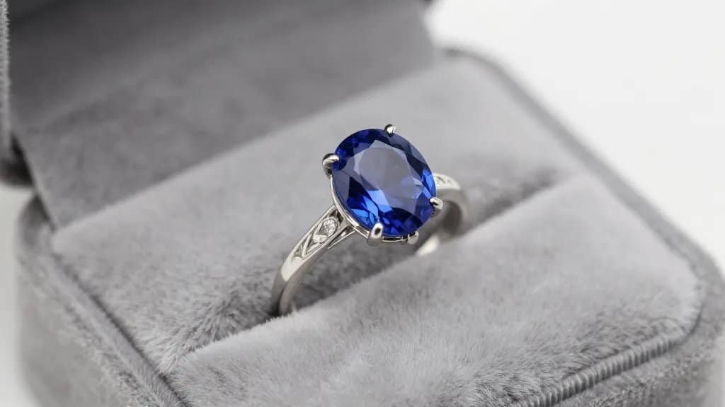 closeup sapphire solitaire ring on velvet ring box