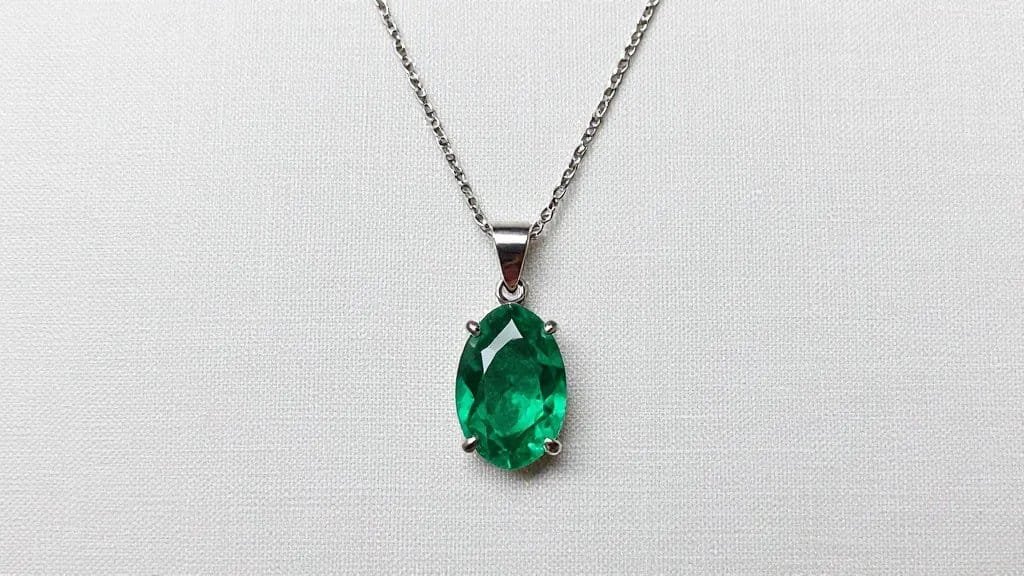 emerald pendant necklace on brushed linen backdrop