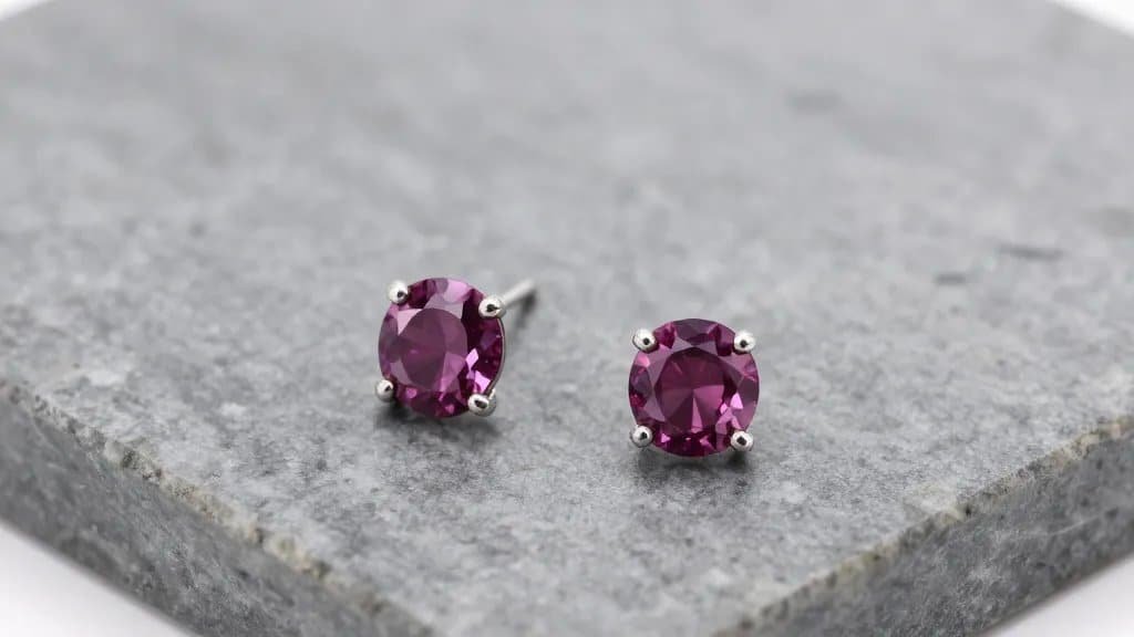 ruby stud earring on gray marble slab