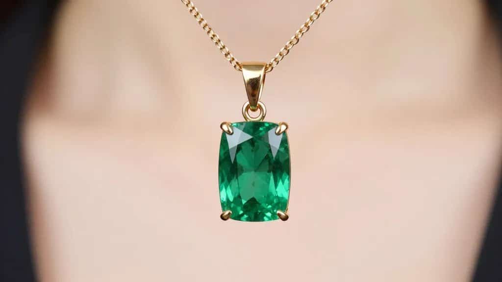 closeup emerald bezel-set pendant on delicate gold chain