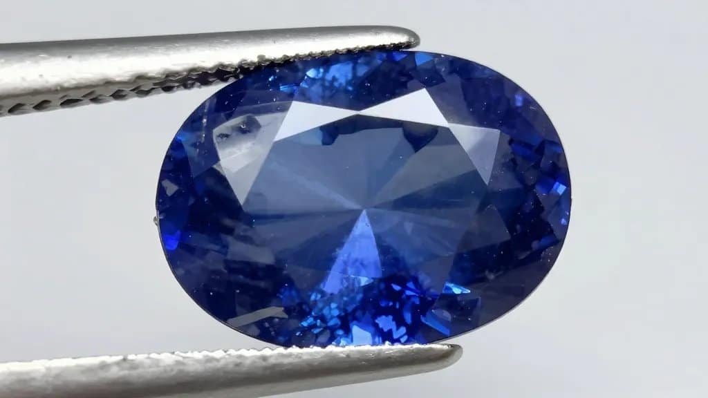 closeup untreated blue sapphire under daylight, loupe-visible inclusions