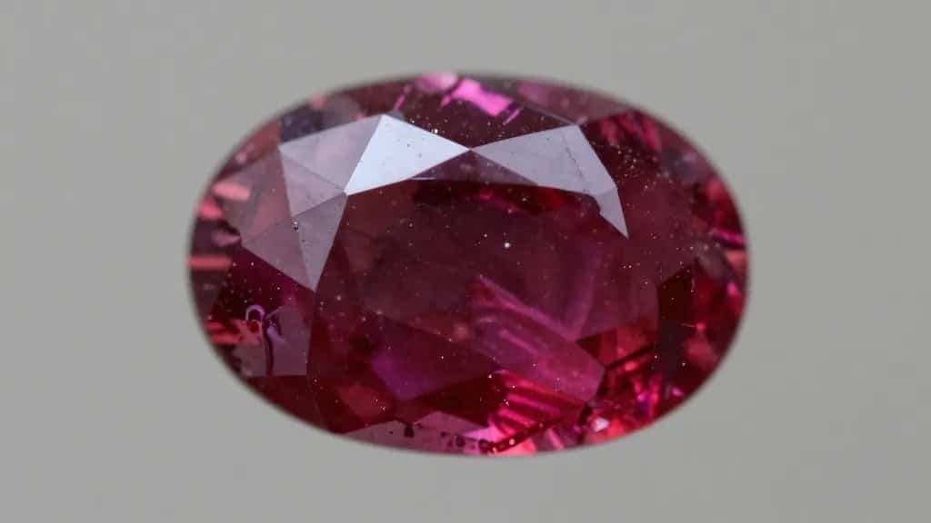 macro heated ruby showing rutile silk remnants, on neutral background