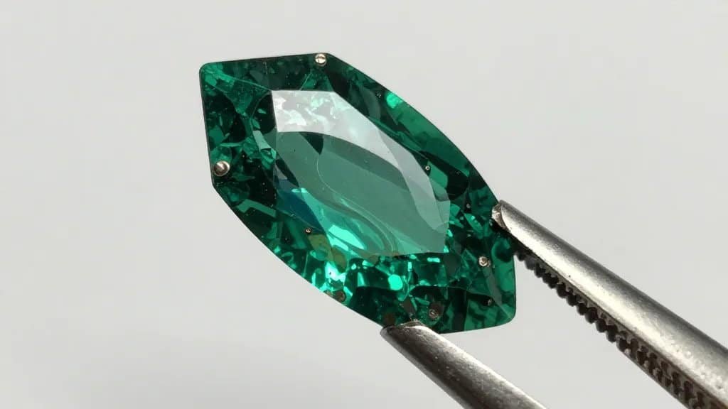 closeup oil-treated emerald in tweezers, surface fissure reflections