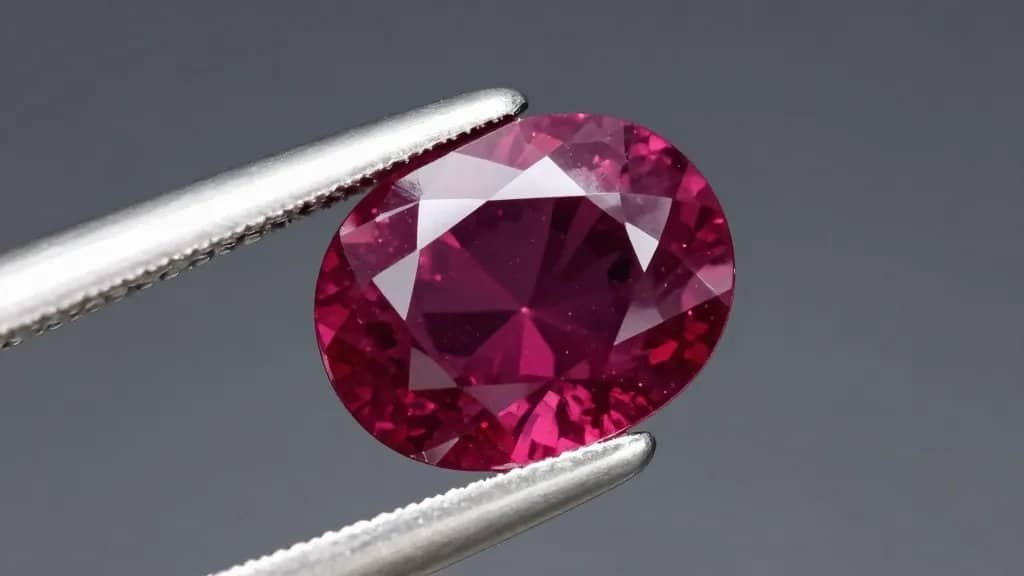 Lab-grown ruby gemstone under gemological loupe