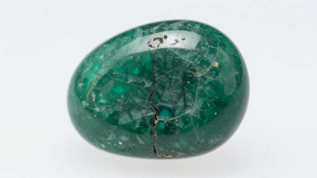 emerald gemstone under microscope showing surface-reaching fissure disclosure