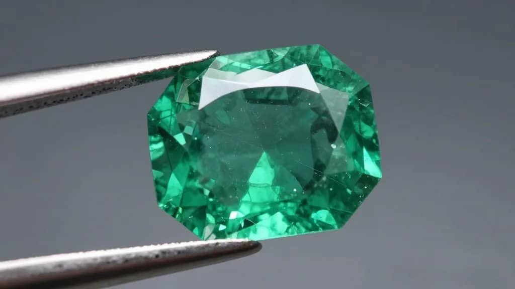 loupe inspecting vivid green emerald under neutral light