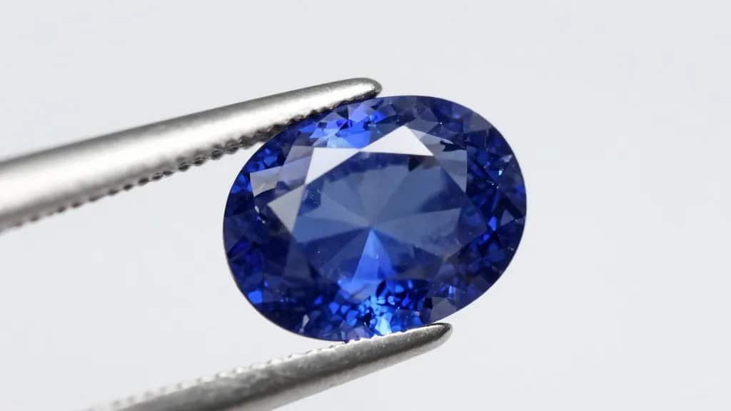closeup of untreated blue sapphire under jeweler’s loupe