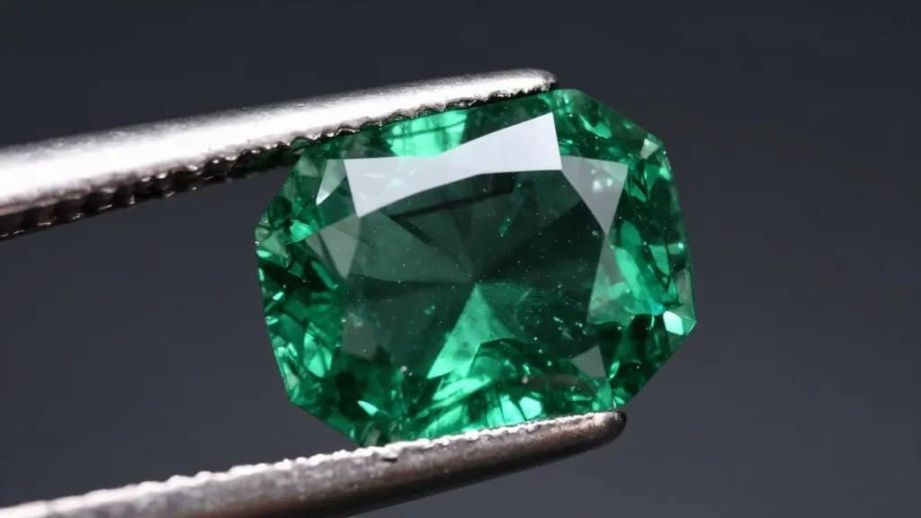 macro shot of lab-grown emerald displaying crisp step cuts
