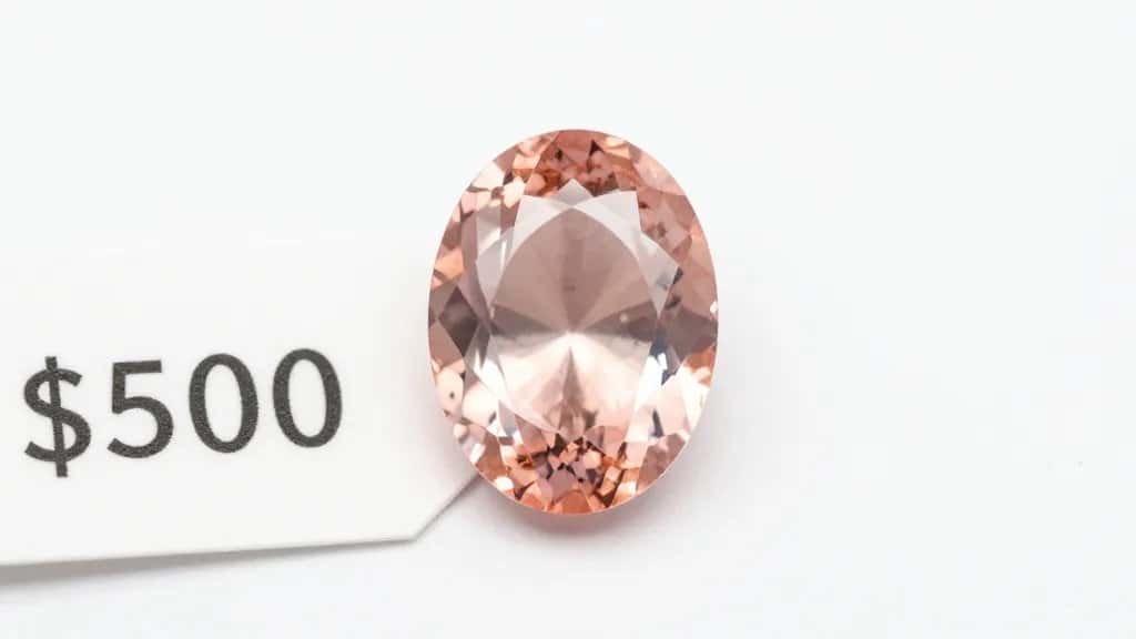 single oval morganite on white background with price tag tag “$500”