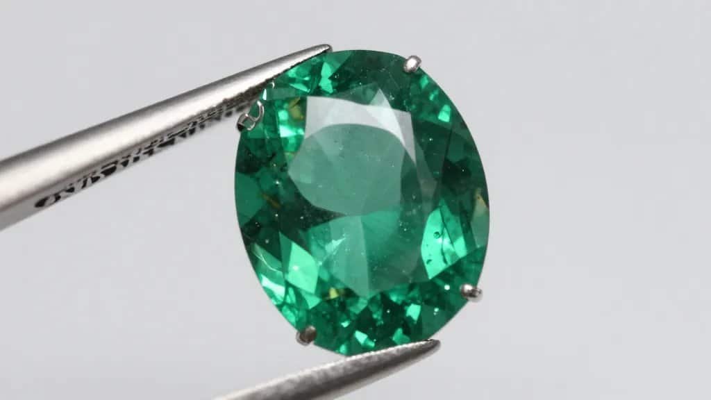 Closeup emerald under jeweler’s loupe, visible inclusions