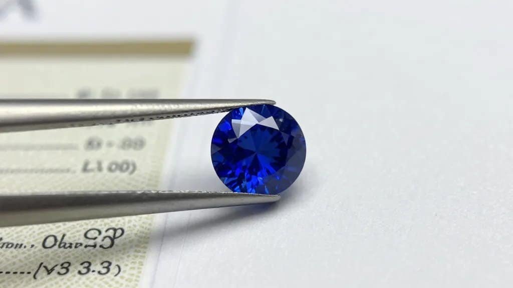 GIA lab report beside single blue sapphire, shallow depth