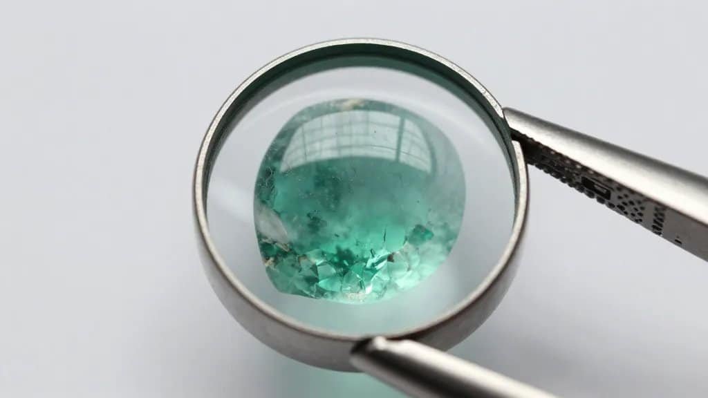 loupe inspecting natural emerald inclusion, soft studio lighting