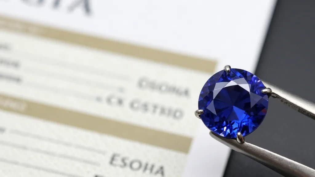 GIA grading report corner with sapphire, shallow depth of field