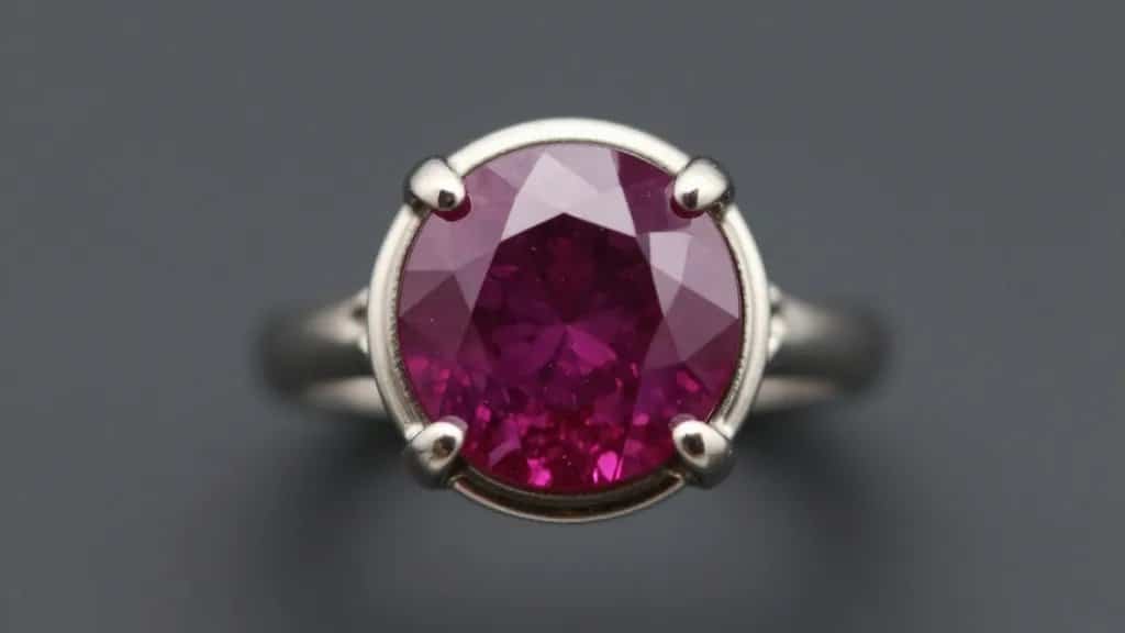 platinum bezel setting securing round ruby, macro closeup lighting