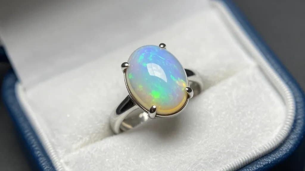 closeup of a single opal ring in soft-lined pouch