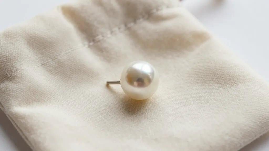 single pearl stud in soft microfiber pouch, closeup