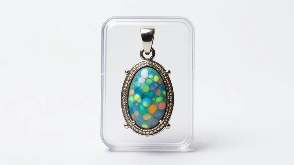 opal pendant in hard-shell organizer, diffused studio lighting