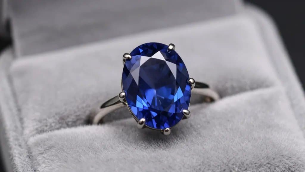 macro of sapphire ring in velvet-lined jewelry box