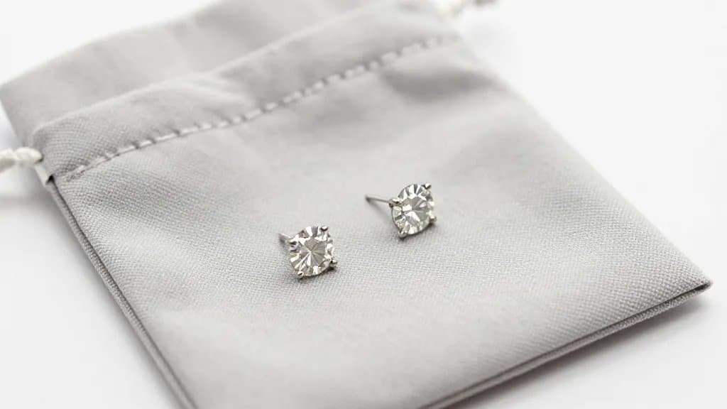 closeup diamond stud earring in individual soft pouch