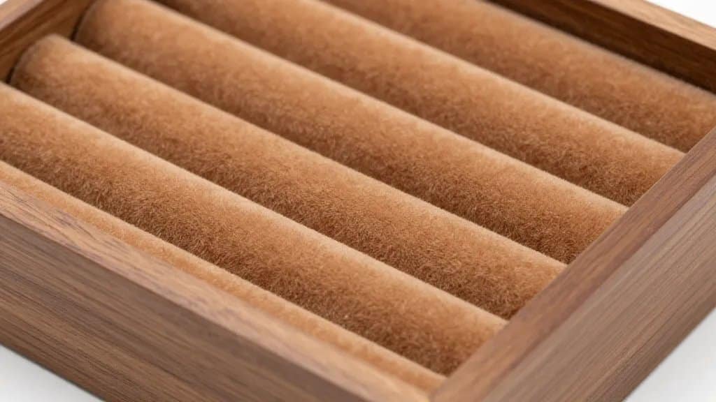 Closeup walnut jewelry box with velvet ring slots