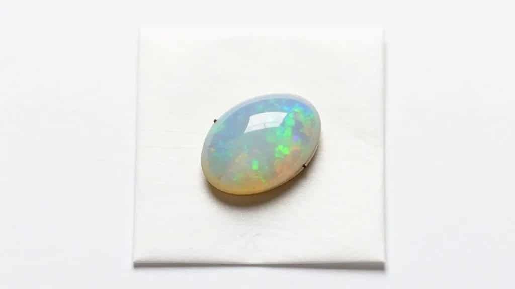 single opal cabochon in labeled gem paper parcel