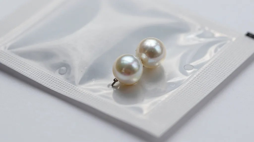 pearl stud earring beside open silica-gel packet closeup
