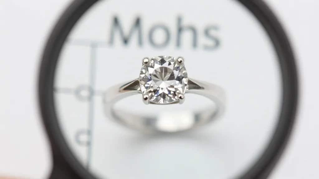 ruby ring on jeweler’s loupe, Mohs scale chart blurred