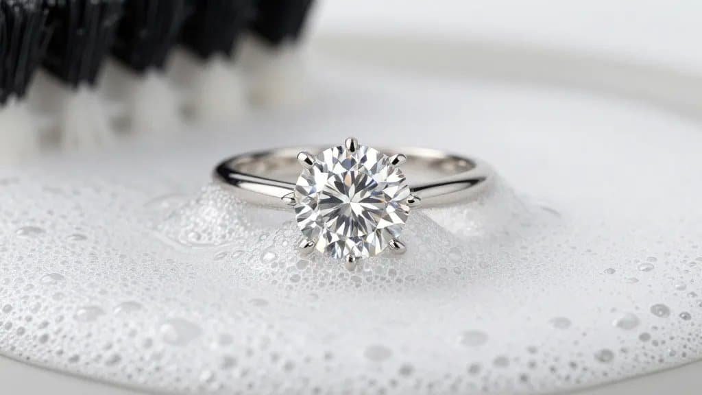 closeup diamond solitaire ring in soapy water, soft brush