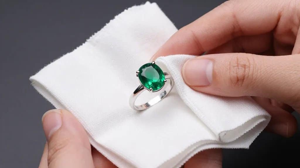 single emerald ring on microfiber cloth, gentle hand wipe