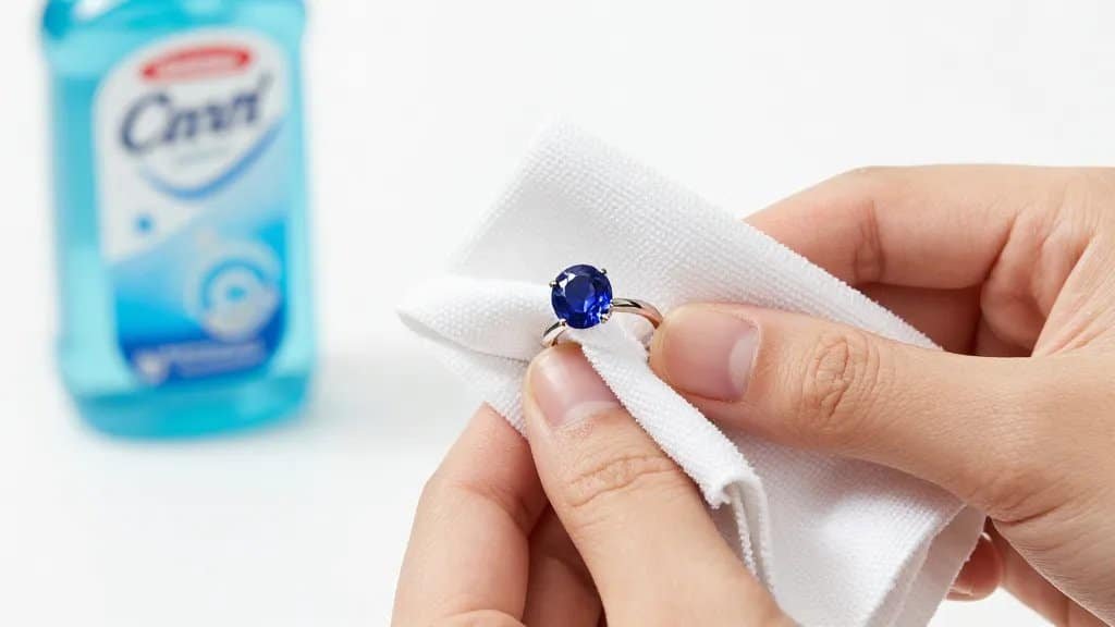 microfiber cloth wiping sapphire ring, harsh bleach bottle blurred