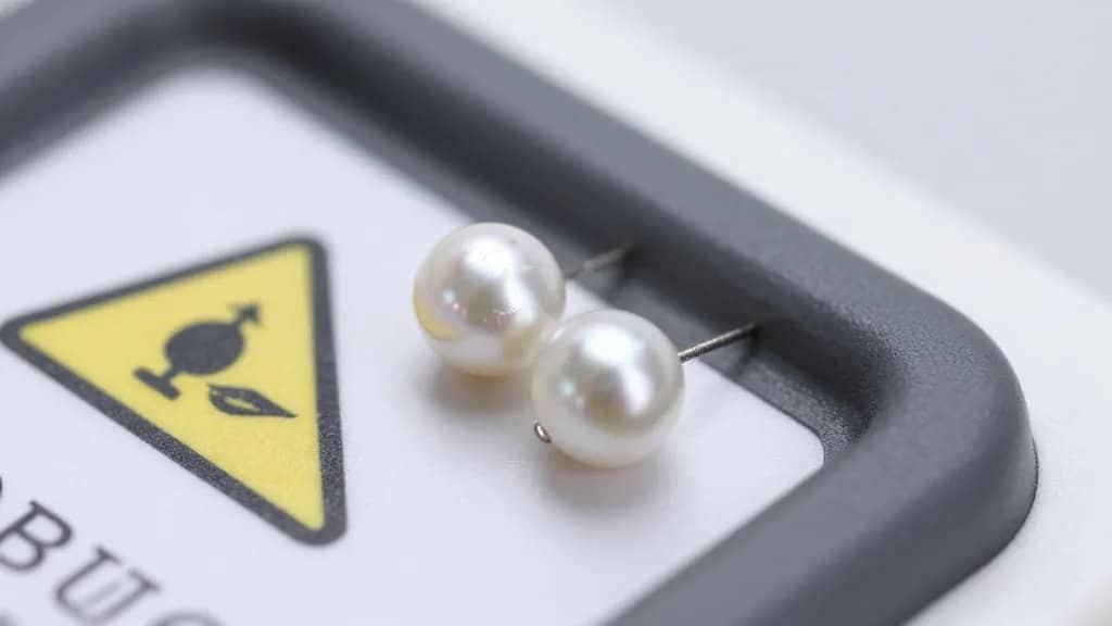 pearl stud earring closeup near ultrasonic cleaner warning label