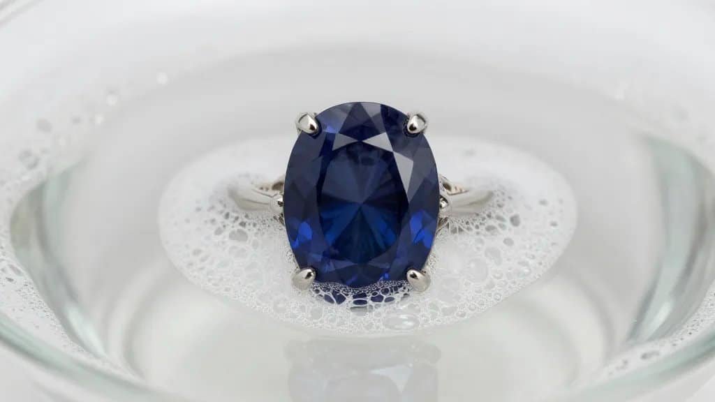 closeup sapphire ring soaking in mild soapy water