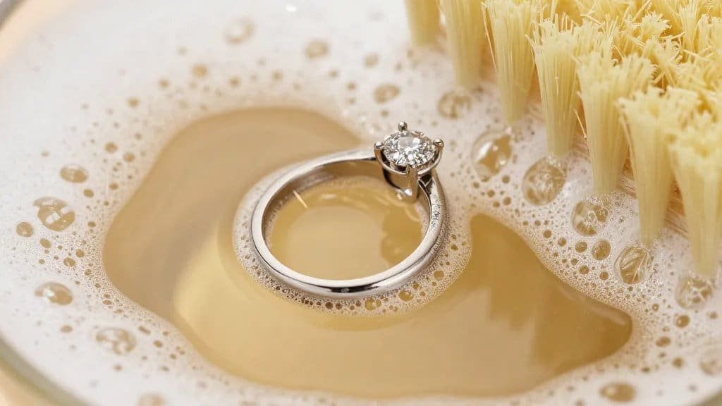 closeup of diamond ring in warm soapy water, soft brush