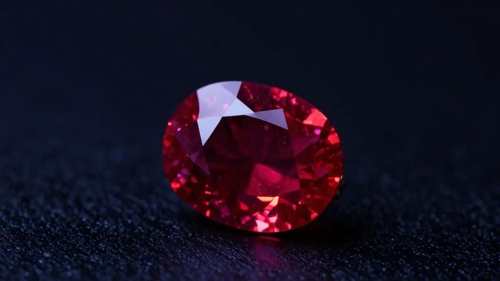 Fluorescent ruby glowing under UV light, studio macro