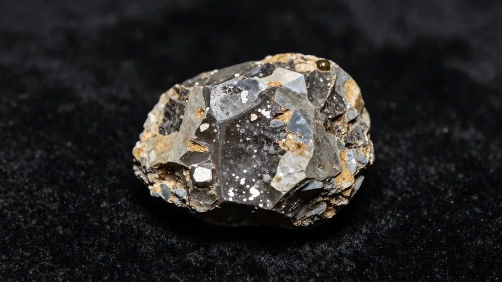 Ancient zircon crystal grain on black velvet, macro shot