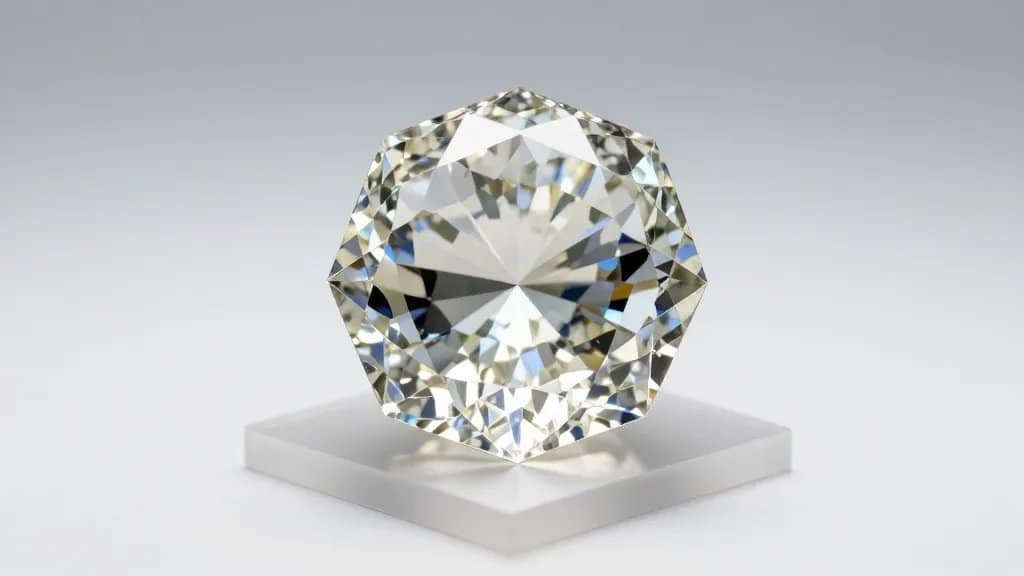 Polished Archean diamond octahedron on white acrylic, studio lighting