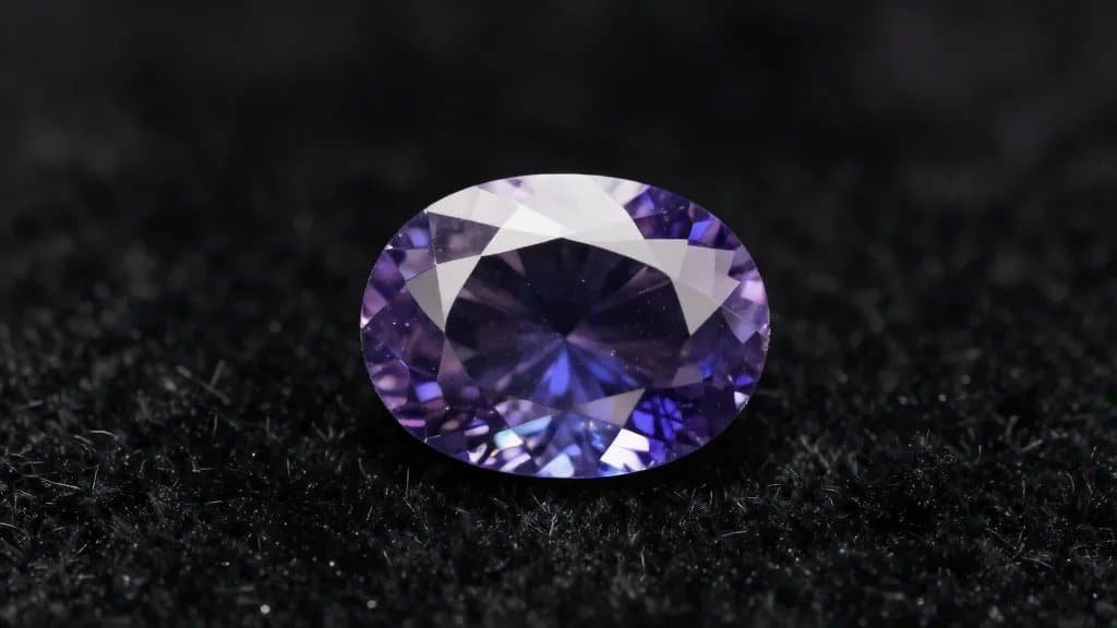 Single color-change sapphire gem on black velvet, macro shot