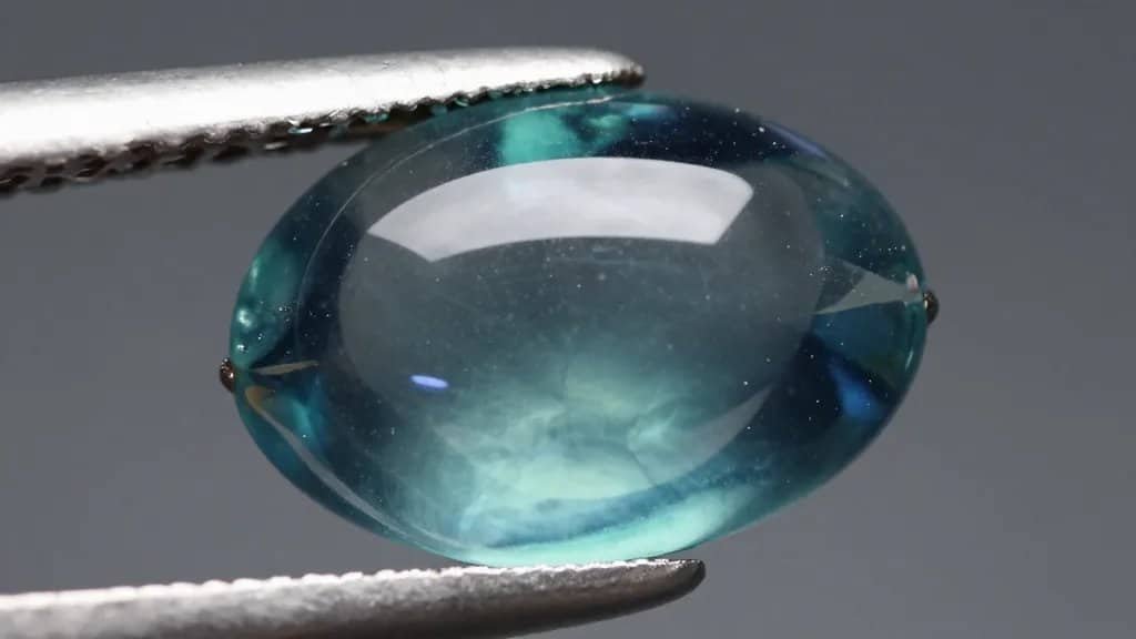 Chrysoberyl cabochon showing dual hues beneath lamp, closeup