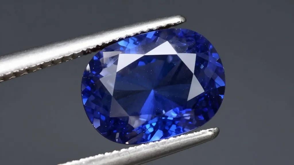 Kashmir sapphire, velvet-blue cushion cut, loupe-lit closeup