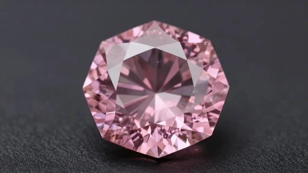 Rough pink diamond octahedron, single crystal, dark backdrop closeup
